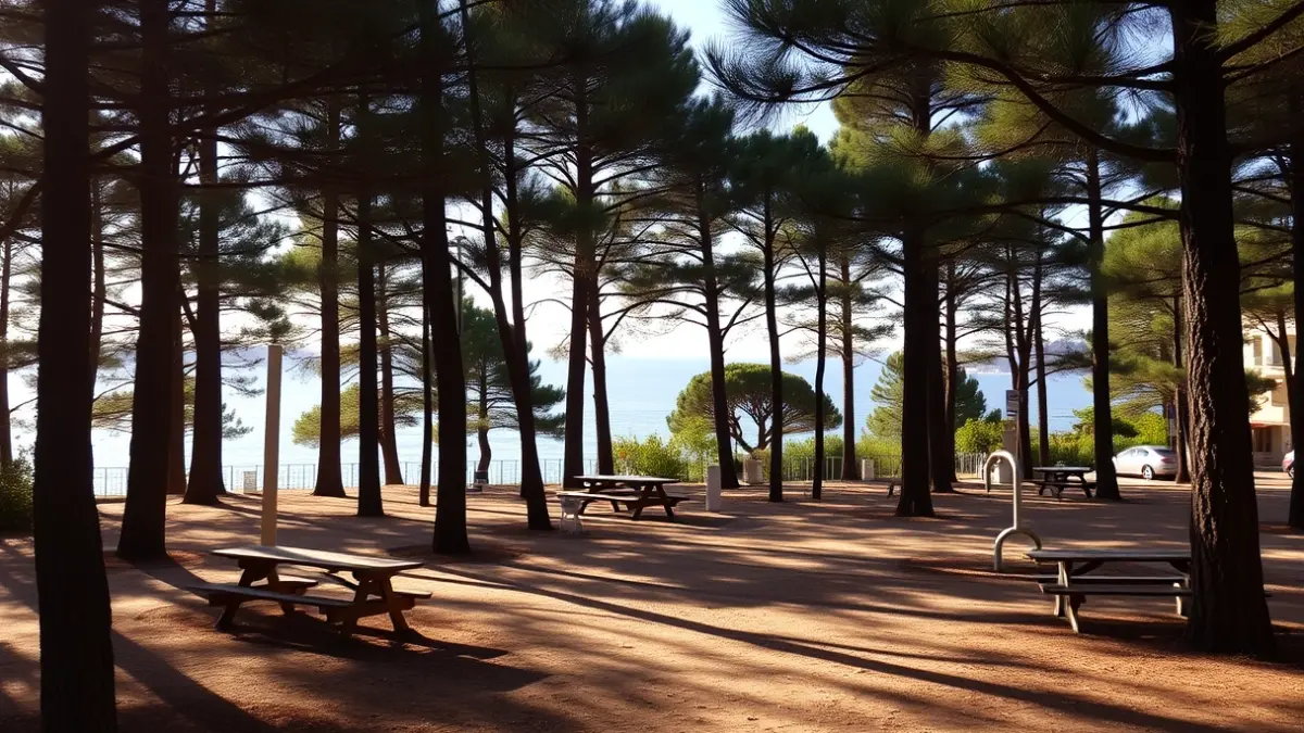 Imatge d'una zona verda amb pins, taules de pícnic i equipament biosaludable, prop de la costa en un dia assolellat.
