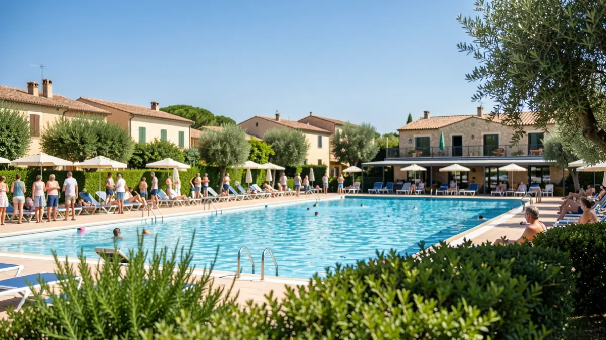 Generic image of a summer municipal swimming pool with sun.