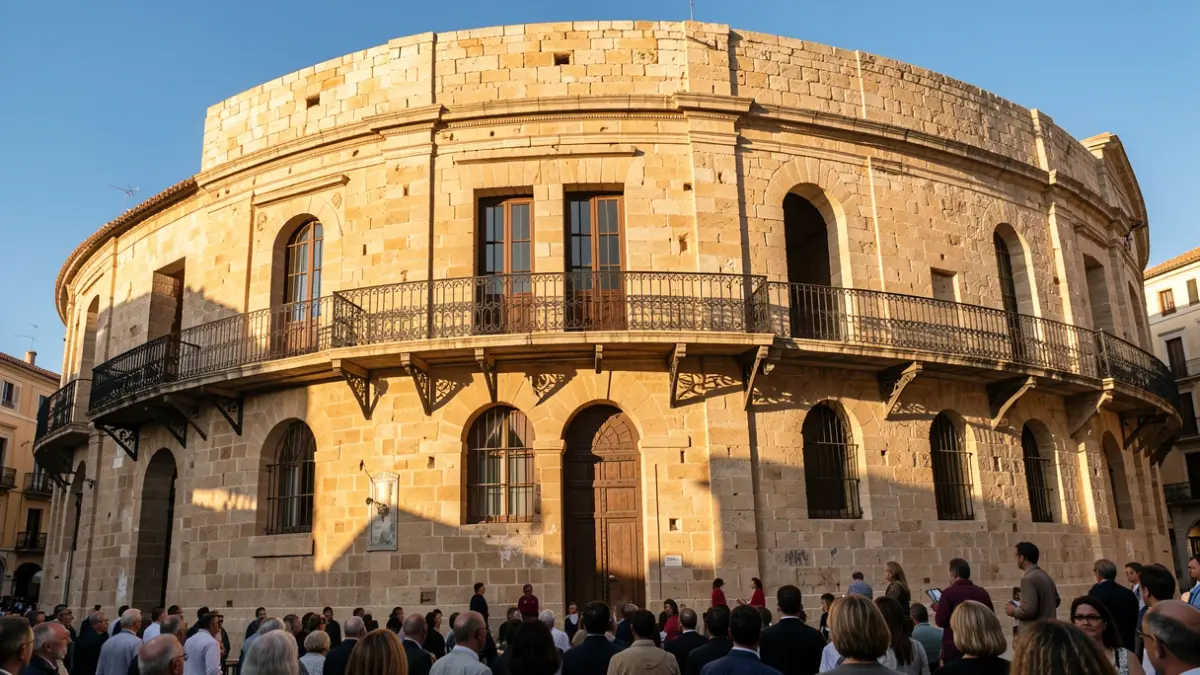 Imatge de la façana de pedra de la Plaça de Bous de Xàtiva en una vesprada assolellada.