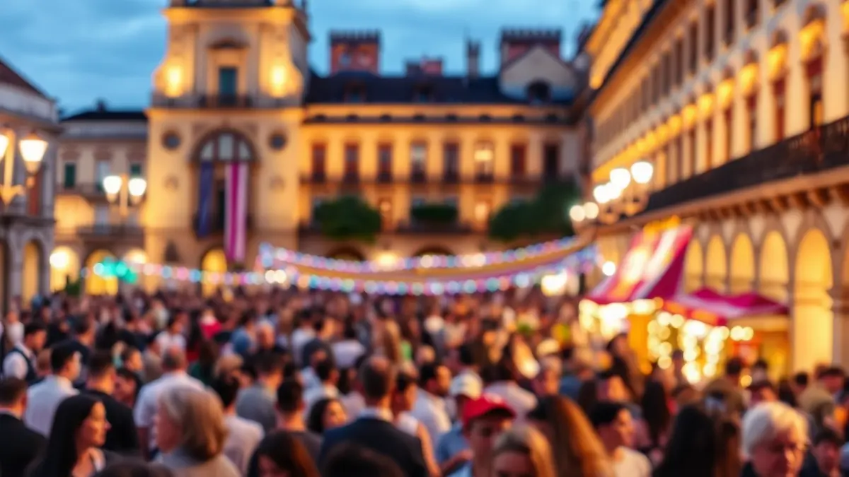 Imatge d'una plaça històrica en València amb gent i arquitectura tradicional, ambient festiu nocturn.