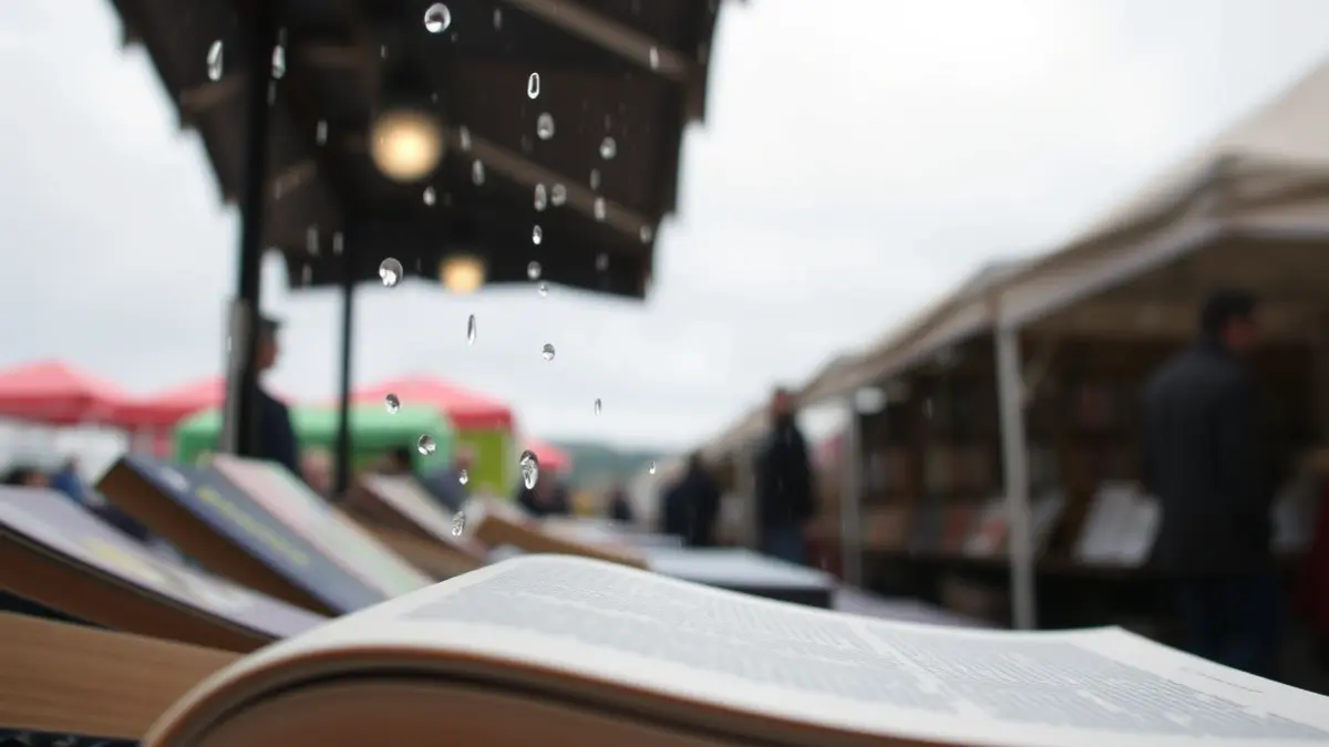 Imatge d'un llibre obert en una parada de fira, amb gotes de pluja caent damunt, en un ambient de fira del llibre.