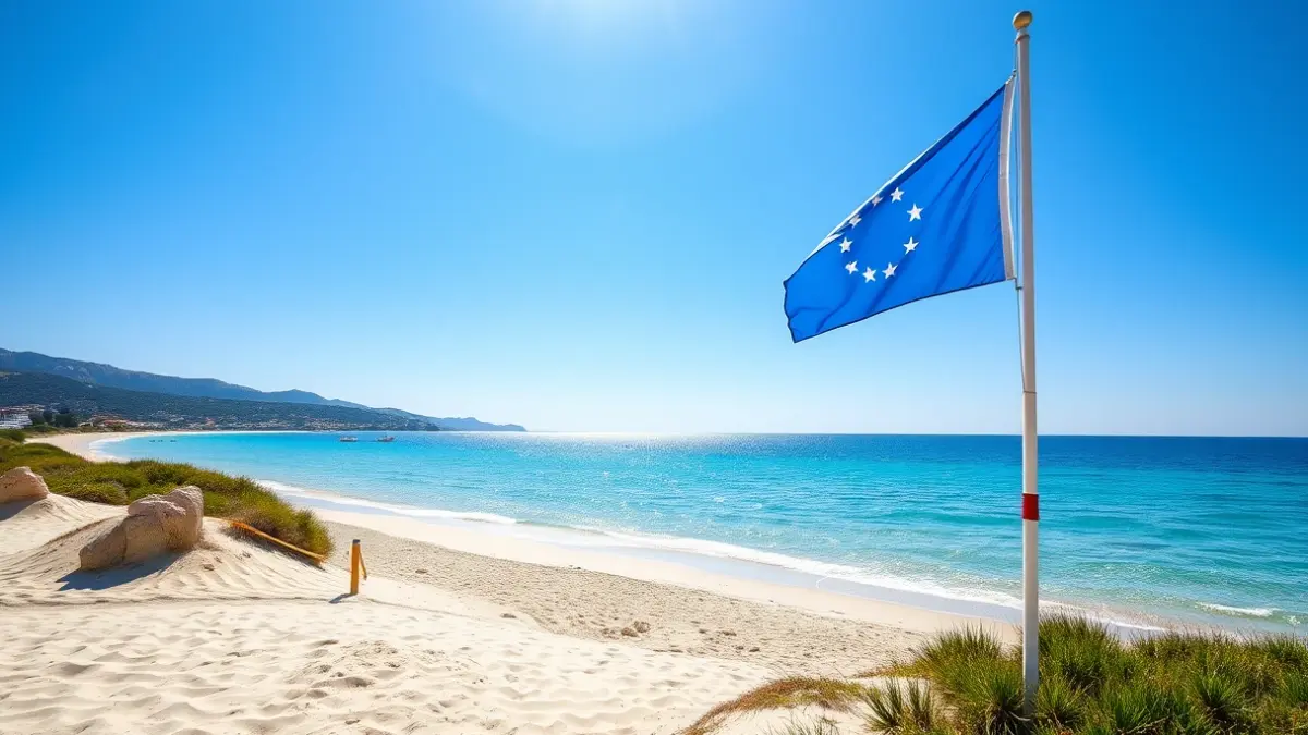 Imagen genérica de una playa con bandera azul, símbolo de calidad y sostenibilidad.