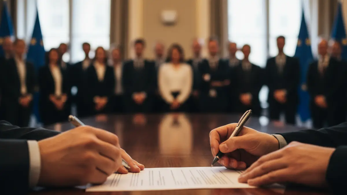 Imagen genérica de manos firmando un documento, con banderas de la Unión Europea desenfocadas al fondo.