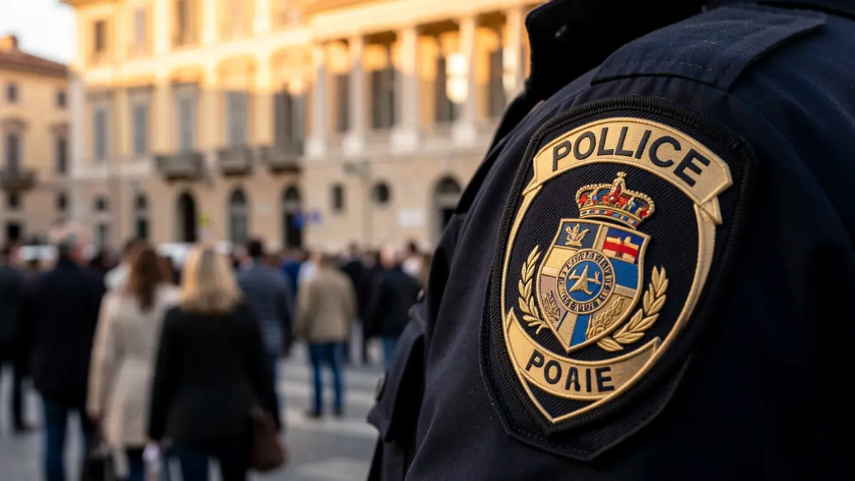 Imagen genérica de una placa policial con un ayuntamiento al fondo.