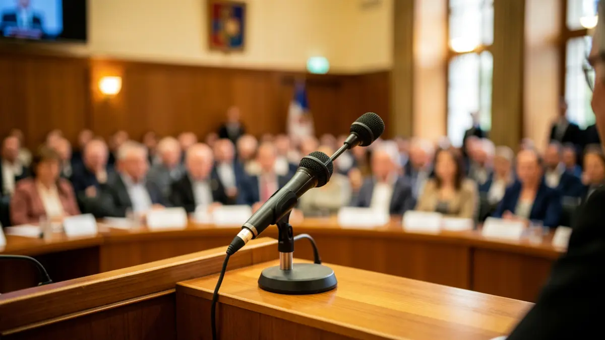 Image of a microphone on a podium during a municipal working session.