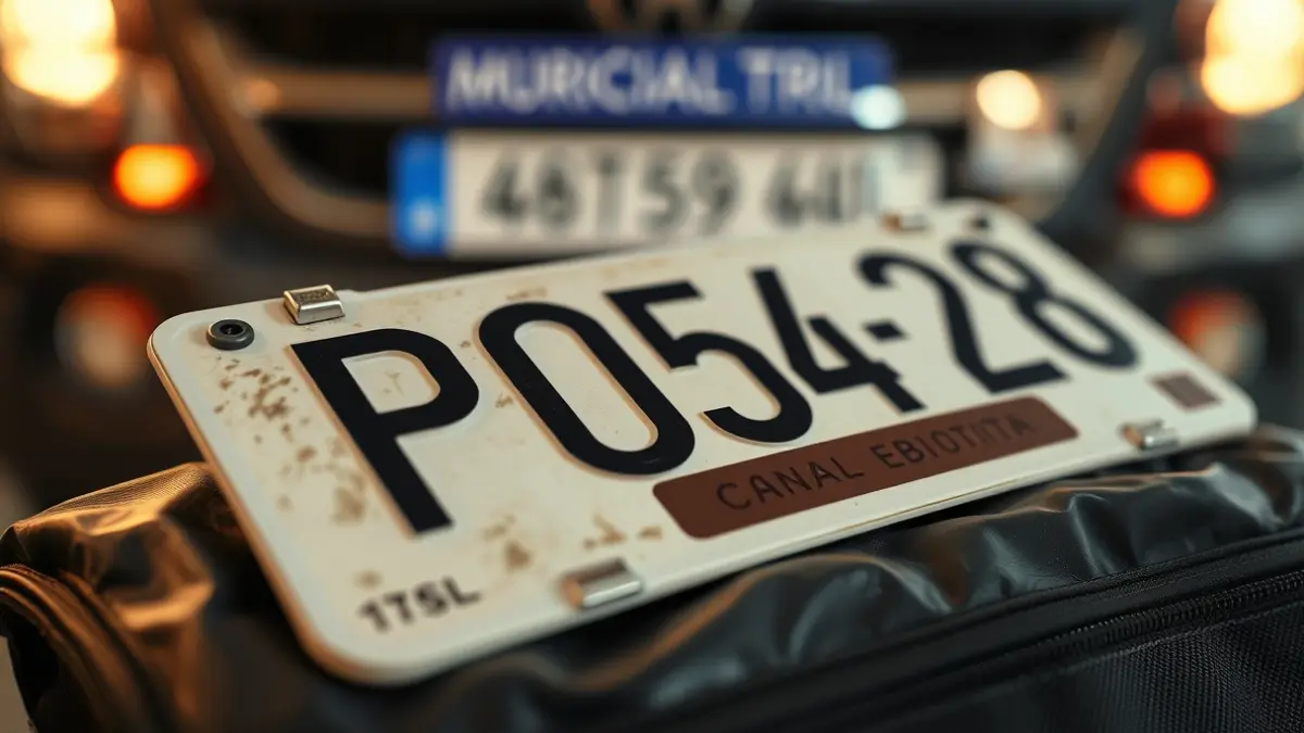 Image of a foreign license plate with blurred details, on a police evidence bag, in a municipal depot.