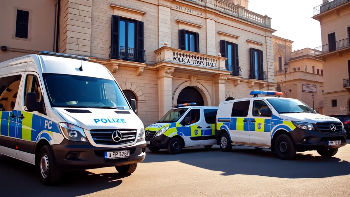 Image of three new Gandia Local Police vehicles, including two vans and an SUV, parked in front of the city hall.