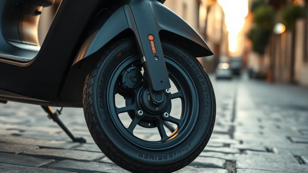 Generic image of an electric scooter wheel on a cobblestone street, with warm evening light.