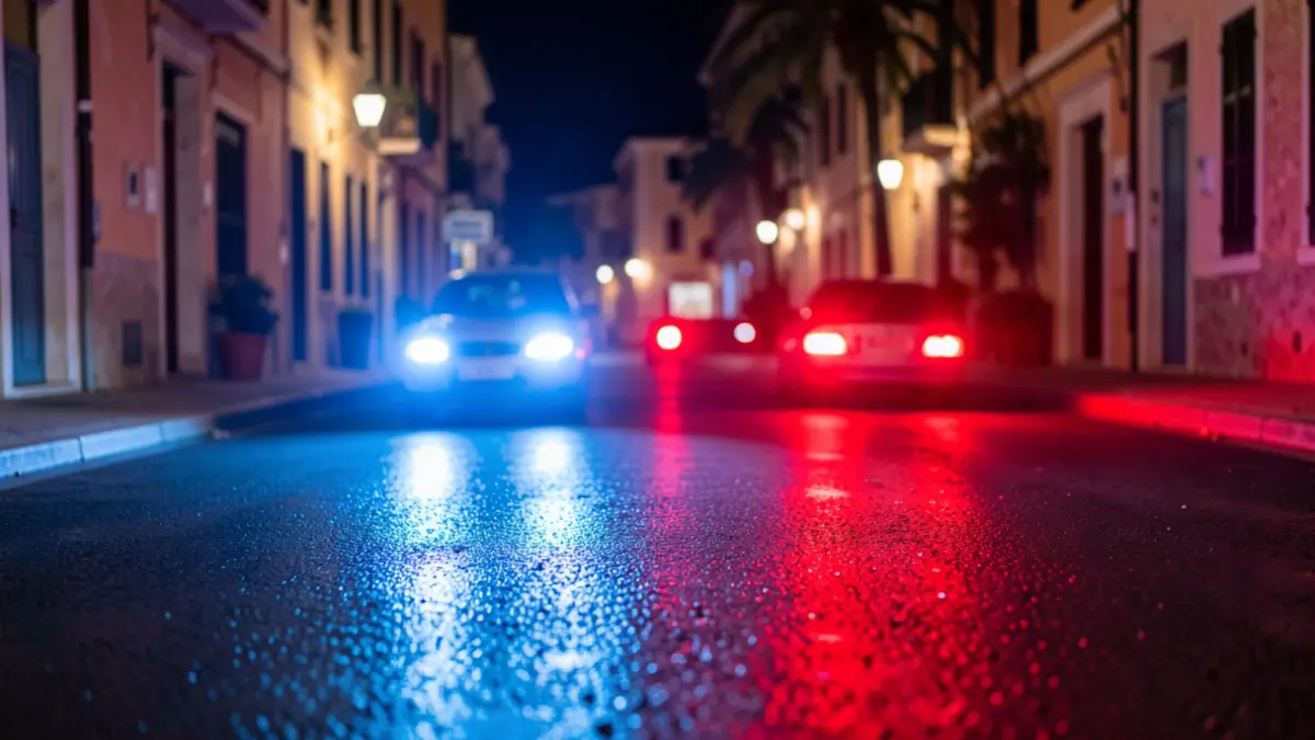 Generic image of police emergency lights reflecting on asphalt at night.
