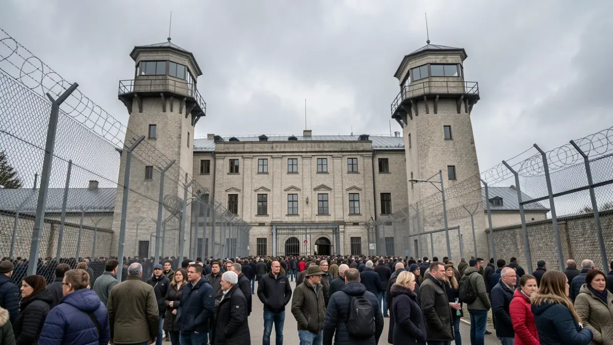 Generic image of a prison with high walls and overcast sky.