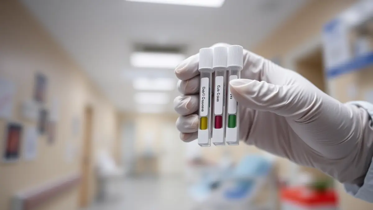 Imagen genérica de unas manos con guantes médicos manipulando un kit de prueba PCR en un entorno hospitalario.