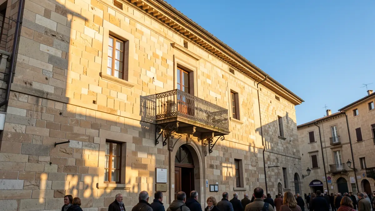 Generic image of a municipal building with a balcony and afternoon sun.