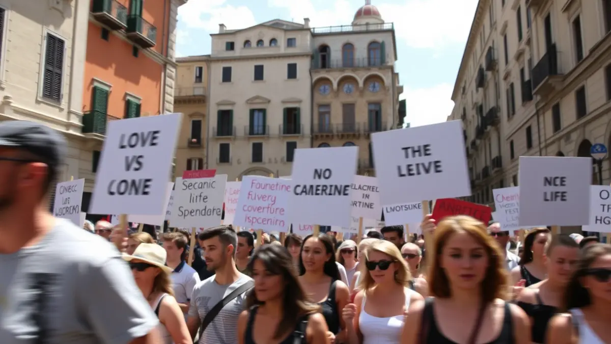Imatge genèrica d'una manifestació en un carrer de ciutat, amb edificis històrics al fons.