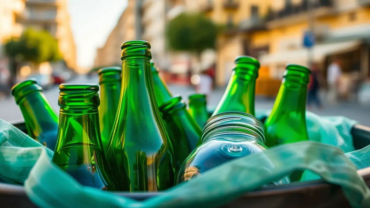 Generic image of glass containers inside a green recycling bin in an urban setting.