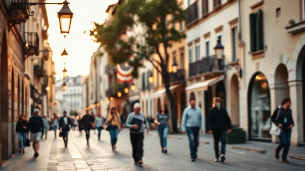 Imagen de una avenida histórica en una ciudad mediterránea, con gente paseando y edificios antiguos.
