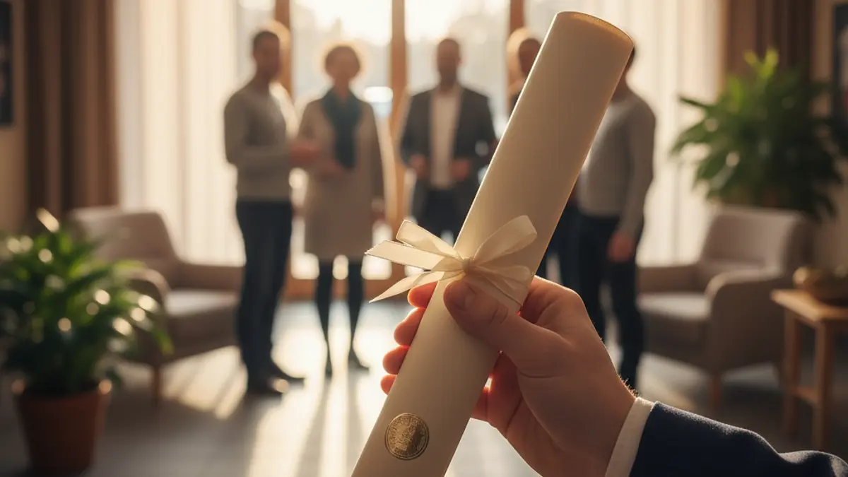 Generic image of a hand holding a certificate in an elderly care facility.