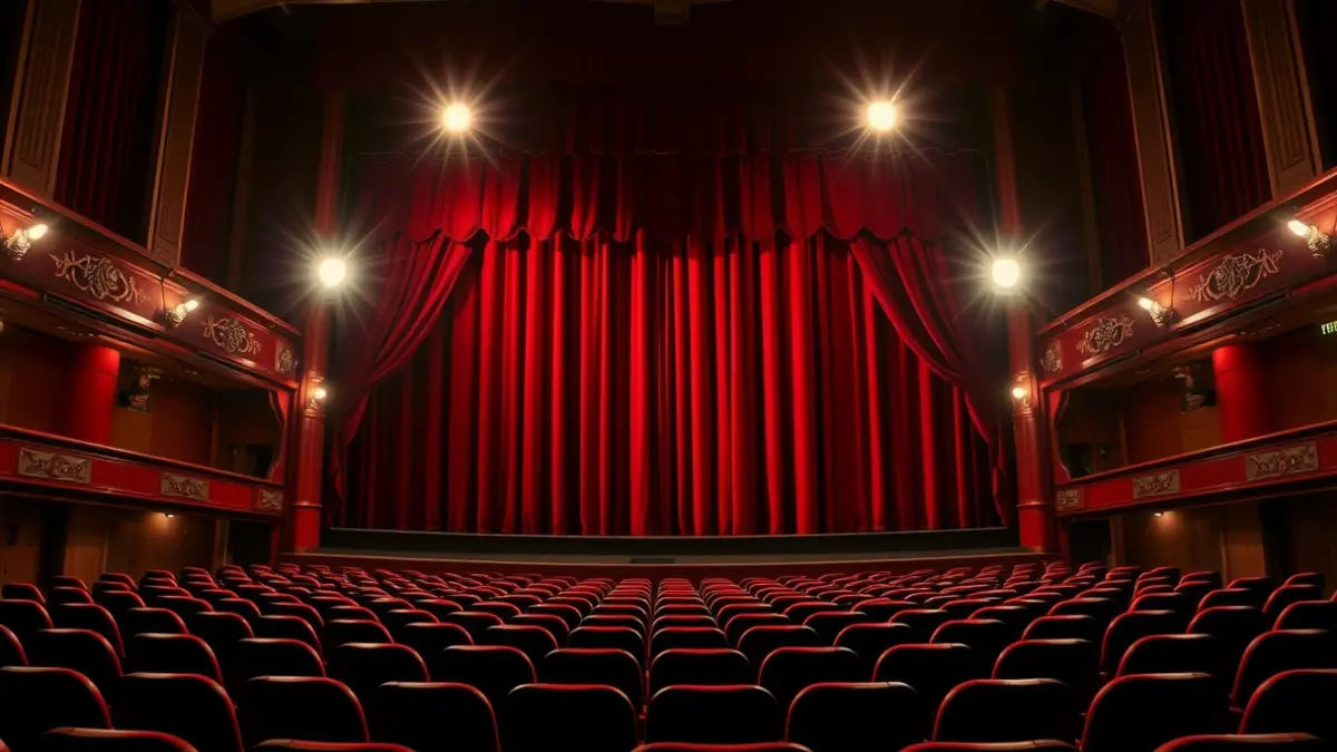 Generic image of a theater with red velvet curtains and spotlights illuminating an empty stage.