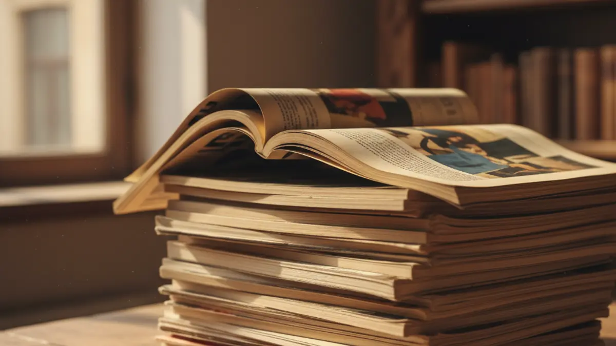 Imatge genèrica d'una pila de revistes antigues amb pàgines groguenques, en una taula de fusta amb llum càlida.
