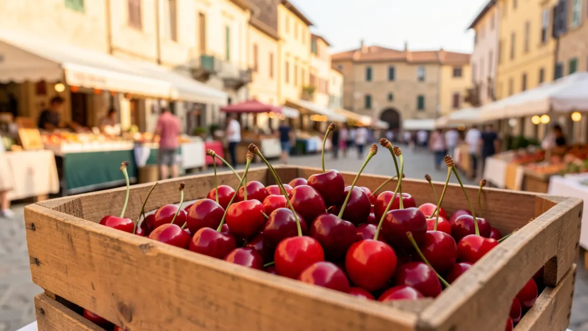 Imagen genérica de cerezas en una caja de madera con un pueblo mediterráneo al fondo.