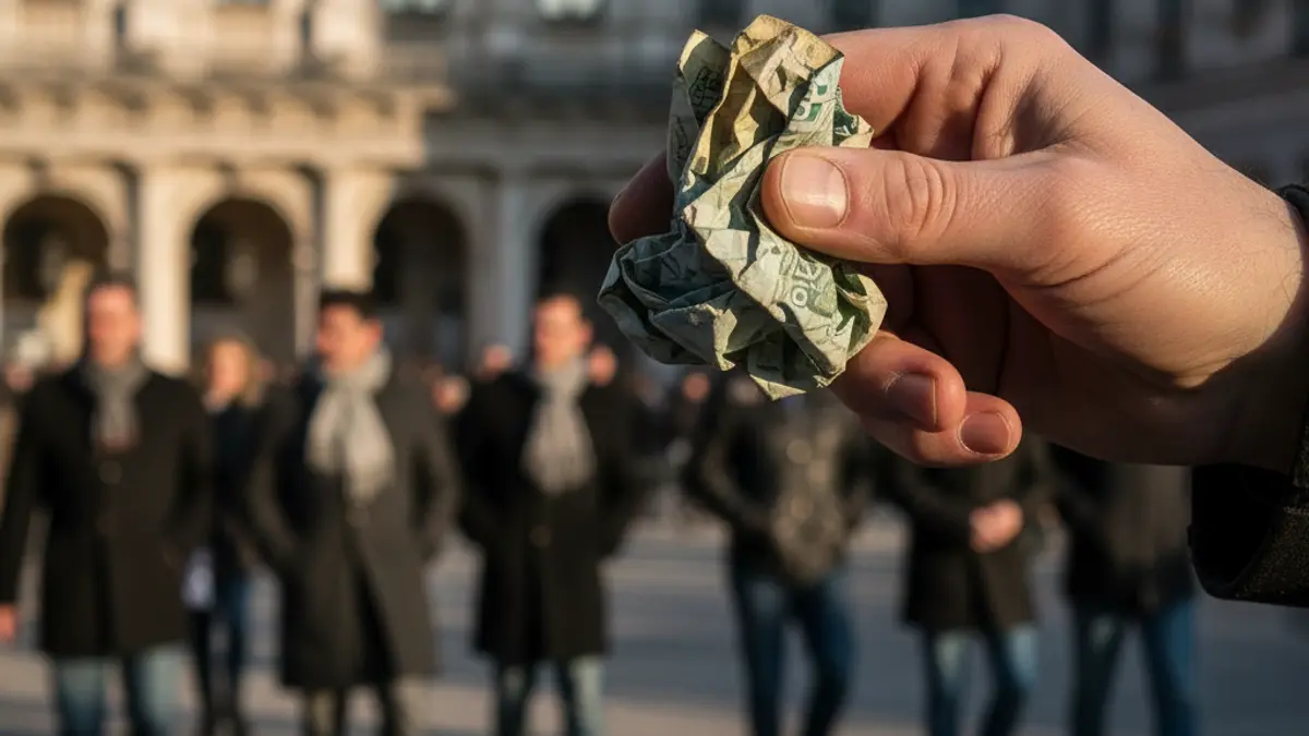 Imagen genérica de una mano sosteniendo un recibo arrugado, con edificios municipales desenfocados al fondo, simbolizando la complejidad financiera local.