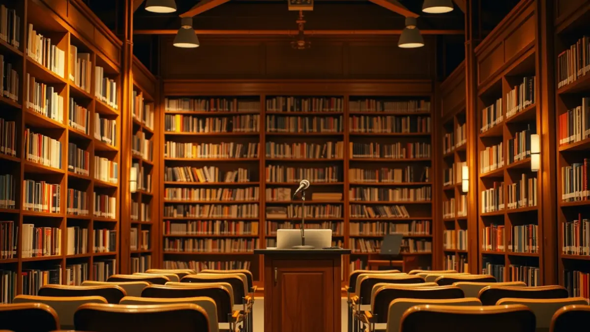 Imatge genèrica d'un interior de biblioteca amb prestatgeries de fusta i un micròfon en un podi.