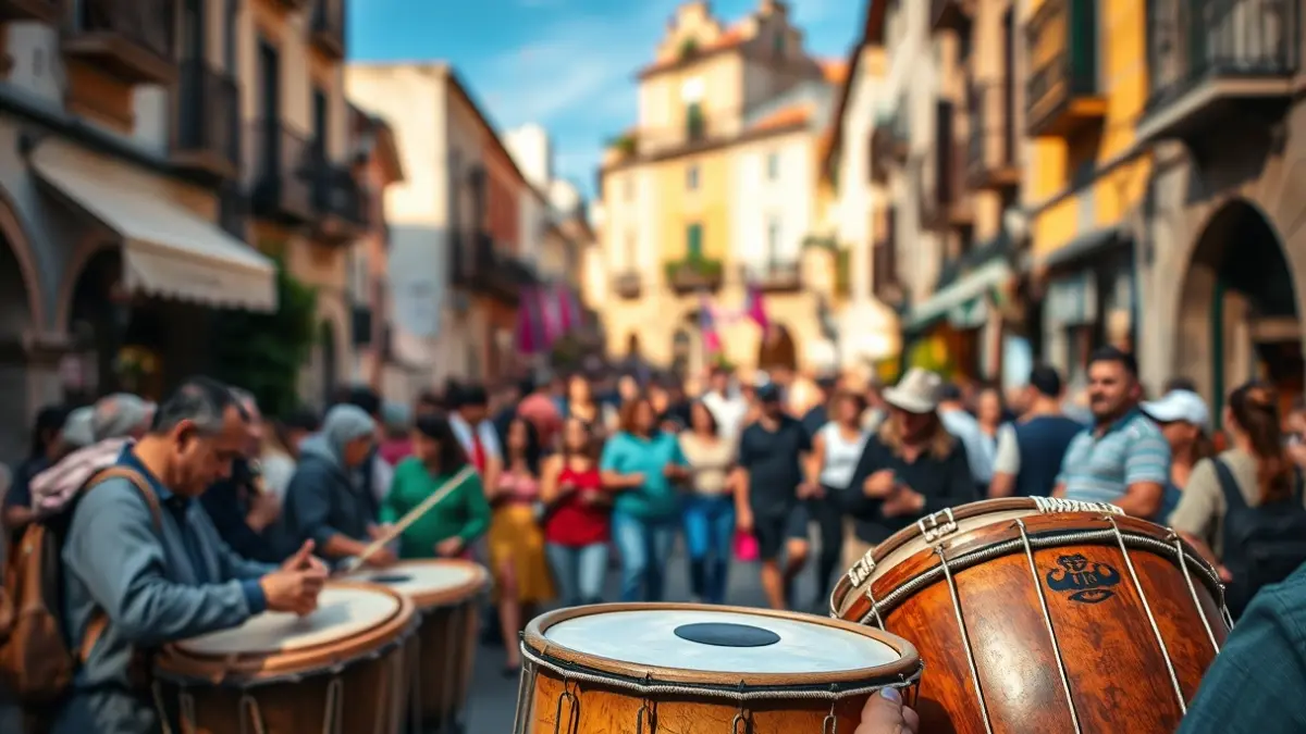 Imatge d'una fira tradicional amb música i gent en un carrer antic.