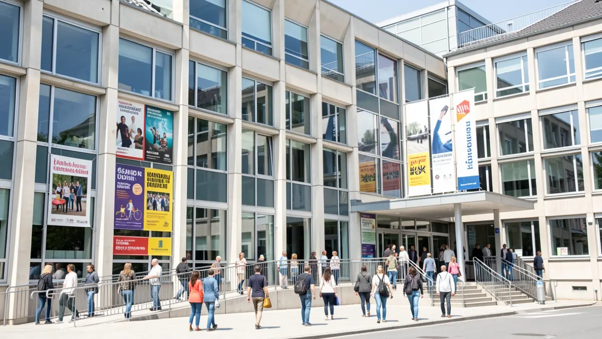 Imatge genèrica d'un edifici universitari amb elements de promoció cultural.