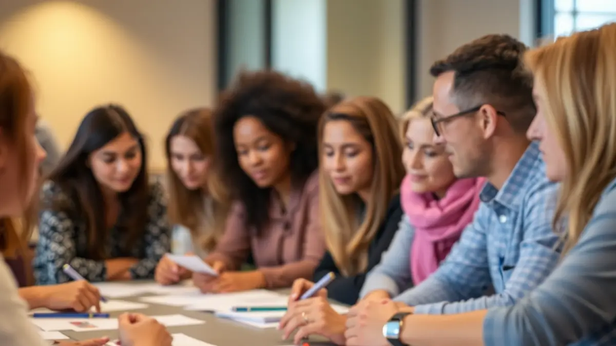 Imagen genérica de un grupo de personas colaborando en un taller, con caras difuminadas, en un ambiente cálido.