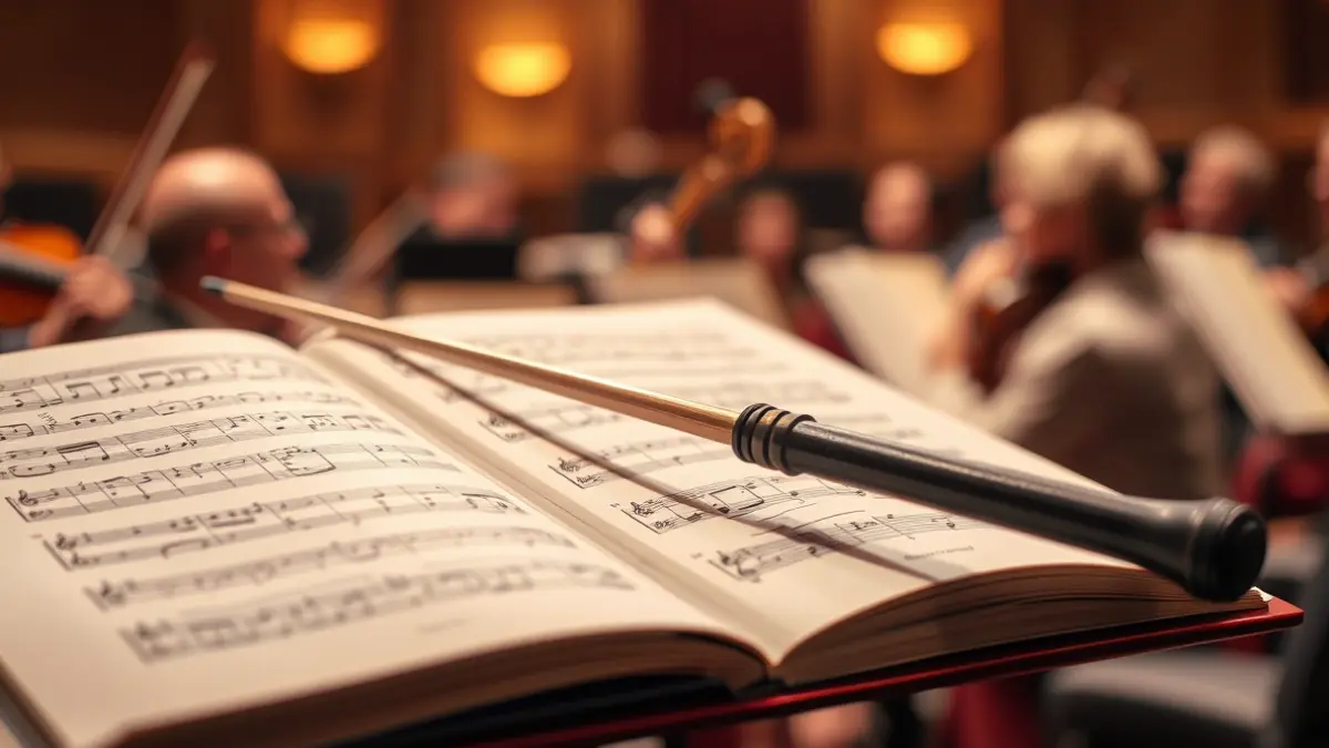 Generic image of a conductor's baton resting on a musical score, with blurred orchestral instruments in the background.