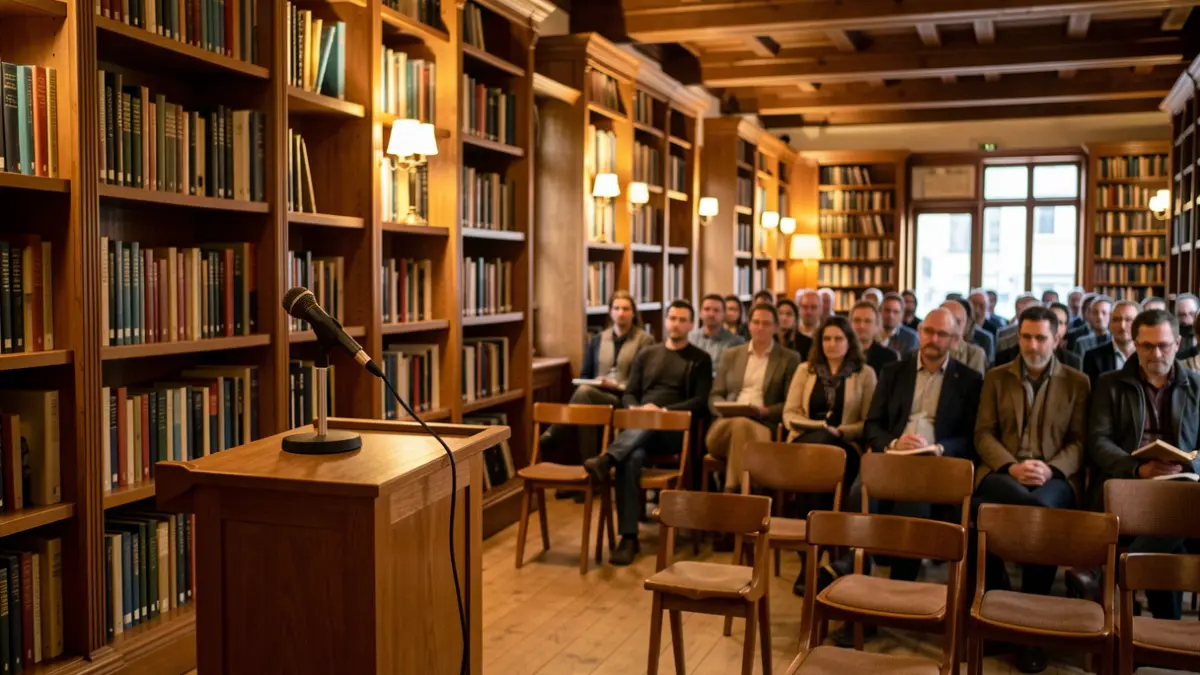 Imagen del interior de una biblioteca con estanterías de madera y un atril preparado para un acto académico.