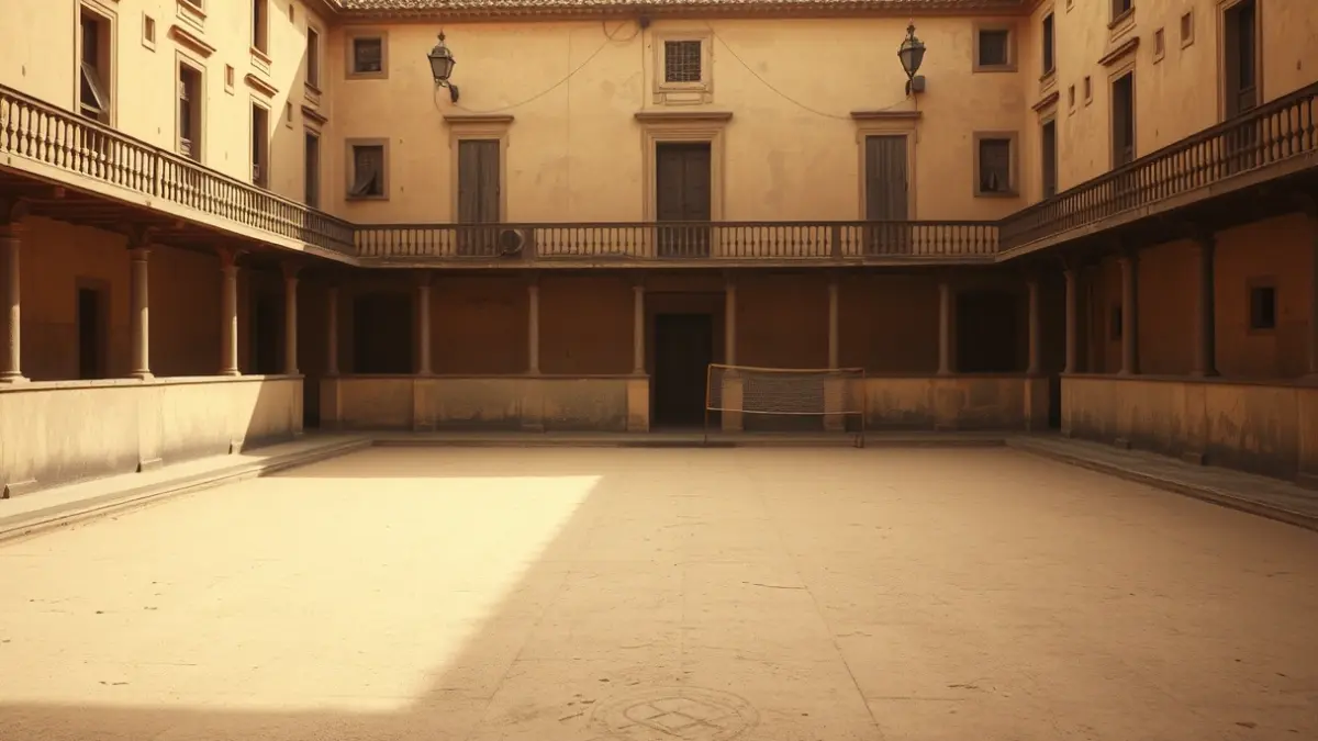Imatge d'un trinquet de pilota valenciana antic, amb parets gastades i il·luminació suau, evocant la memòria històrica de l'esport.