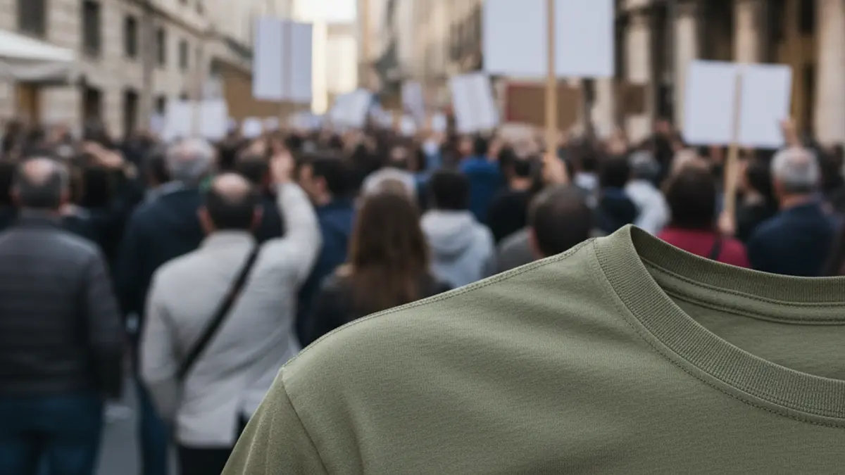 Generic image of a green t-shirt, symbol of the teaching protest, with a blurred demonstration in the background on a street in Gandia.