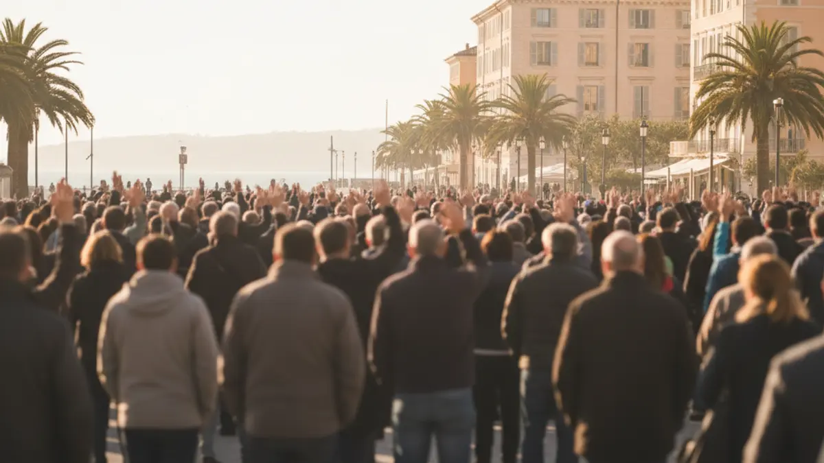Generic image of a blurred crowd at a protest with signs, capturing the atmosphere of a demonstration in a Mediterranean city.