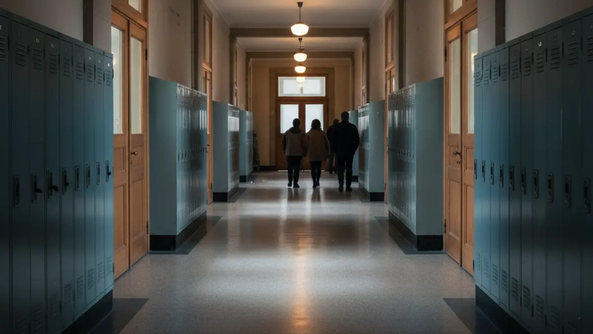 Imatge genèrica d'un corredor escolar buit amb taquilles i portes de classe tancades, il·luminació tènue.