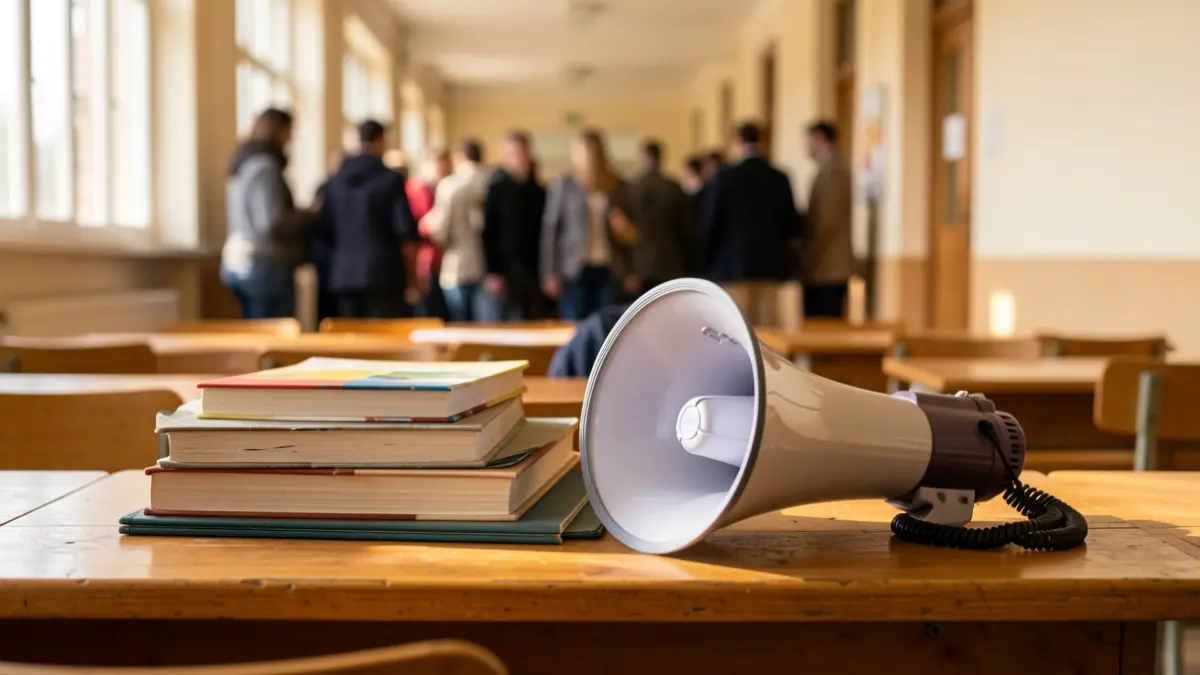 Imagen genérica de un aula con material escolar y un megáfono.