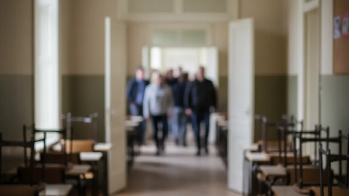 Imatge genèrica d'un corredor escolar buit amb aules obertes, suggerint l'absència d'alumnat i professorat.