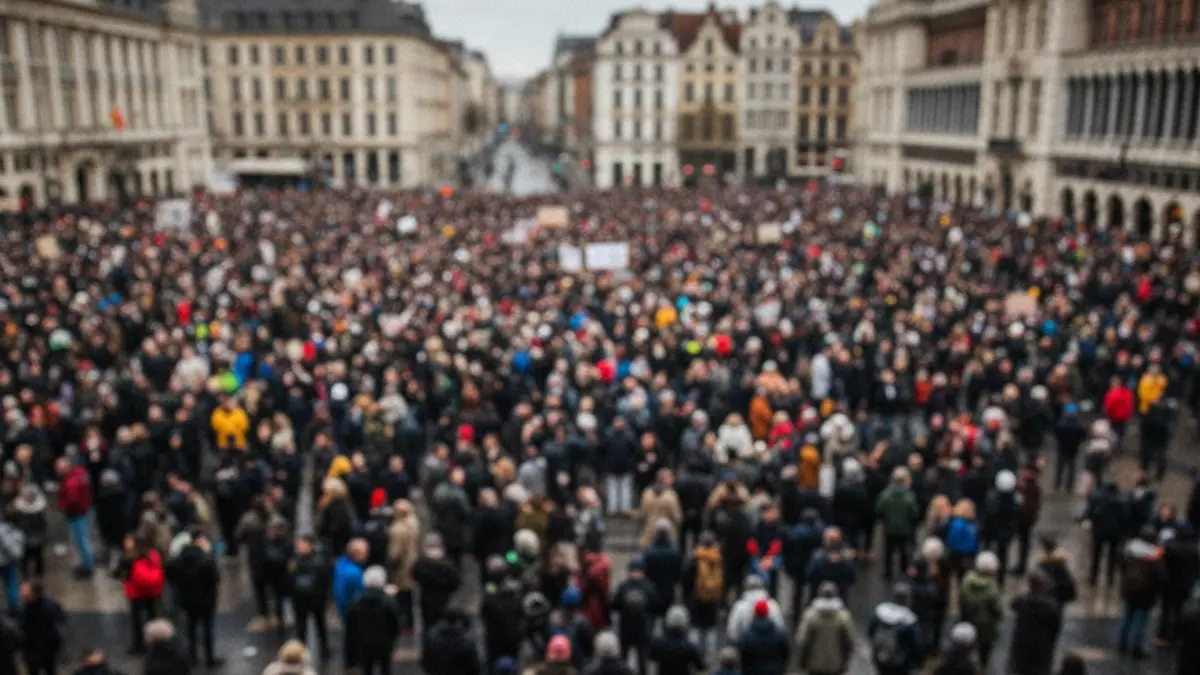 Generic image of a demonstration with blurred signs and a crowd in an urban setting.