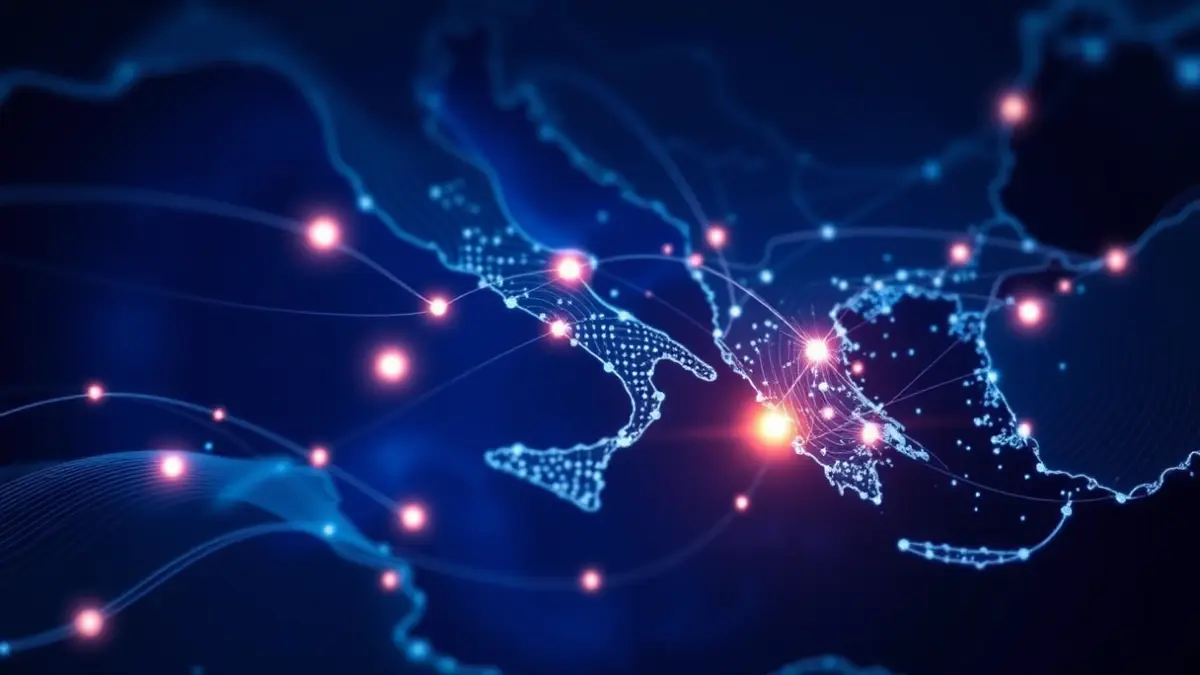 Imatge genèrica d'un mapa digital amb línies lluminoses que representen la gestió intel·ligent del turisme en una comarca valenciana.