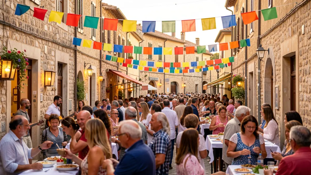 Imagen genérica de una fiesta popular en un pueblo mediterráneo con ambiente festivo.