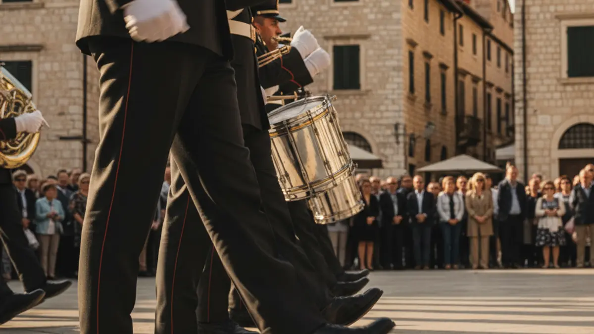 Image of a military parade with blurred figures and polished boots, in a Mediterranean town square.
