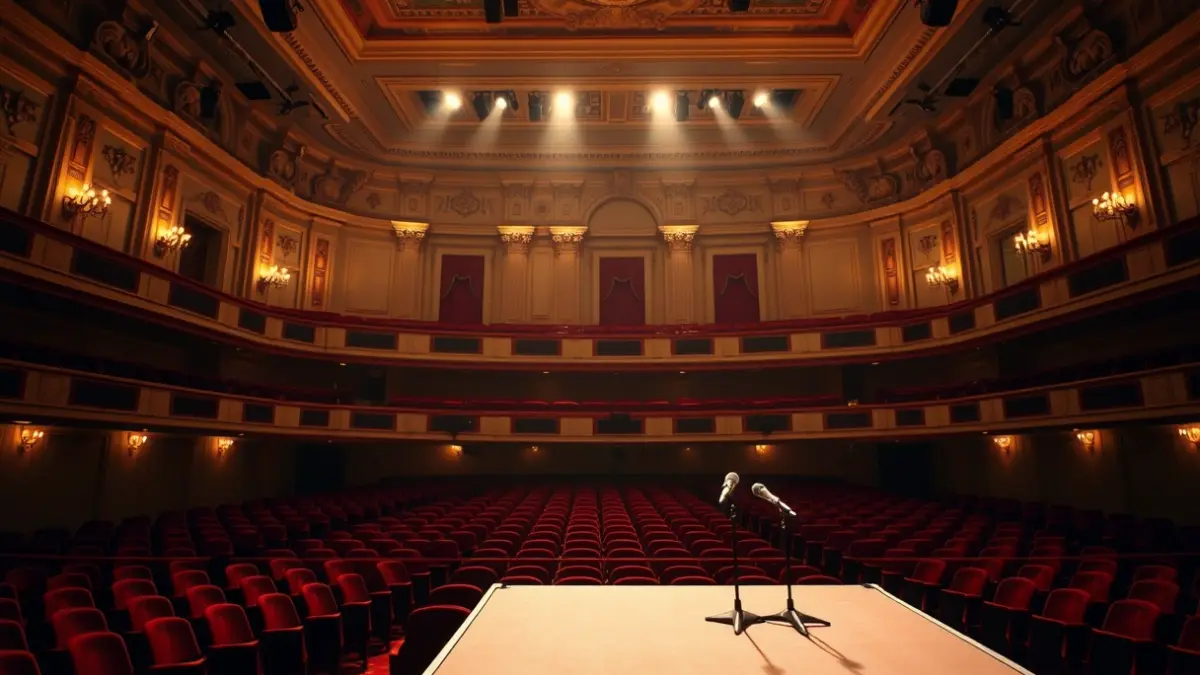 Imatge genèrica d'un escenari de sala de concerts amb un podi buit i micròfons, il·luminació càlida i seients de vellut.