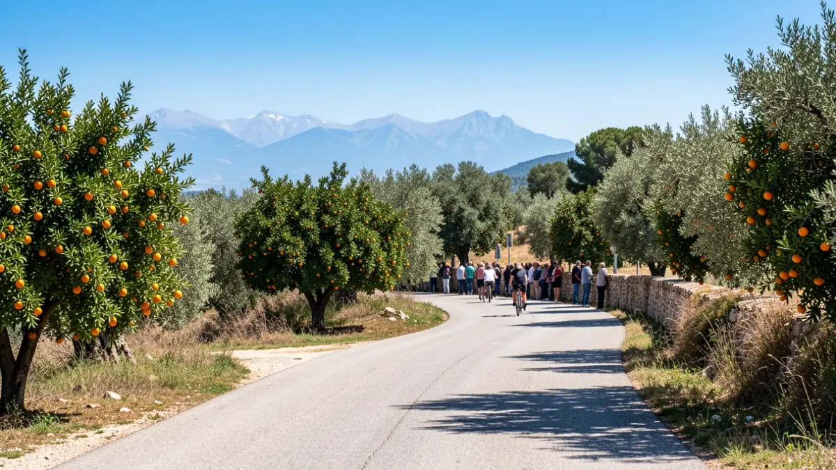 Imagen genérica de un paisaje mediterráneo con una carretera sinuosa y un ciclista a lo lejos.