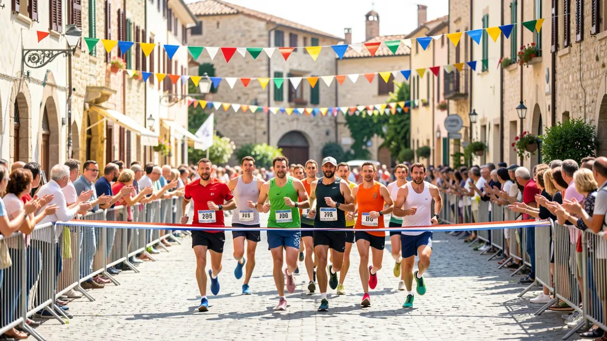 Generic image of runners crossing a finish line in a Mediterranean town square.
