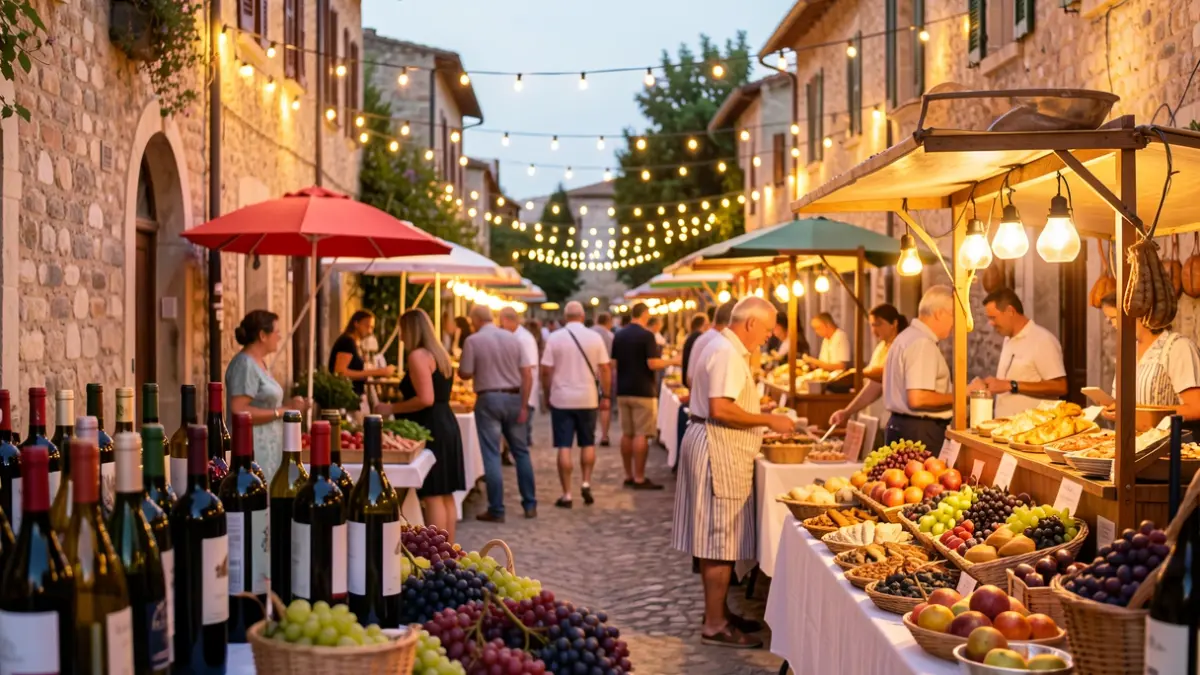 Imagen genérica de una feria de vino con puestos de productos locales y ambiente festivo.