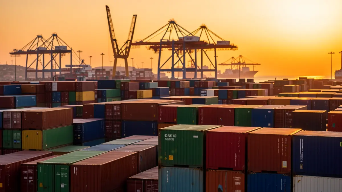 Generic image of a container terminal at a commercial port during sunset.