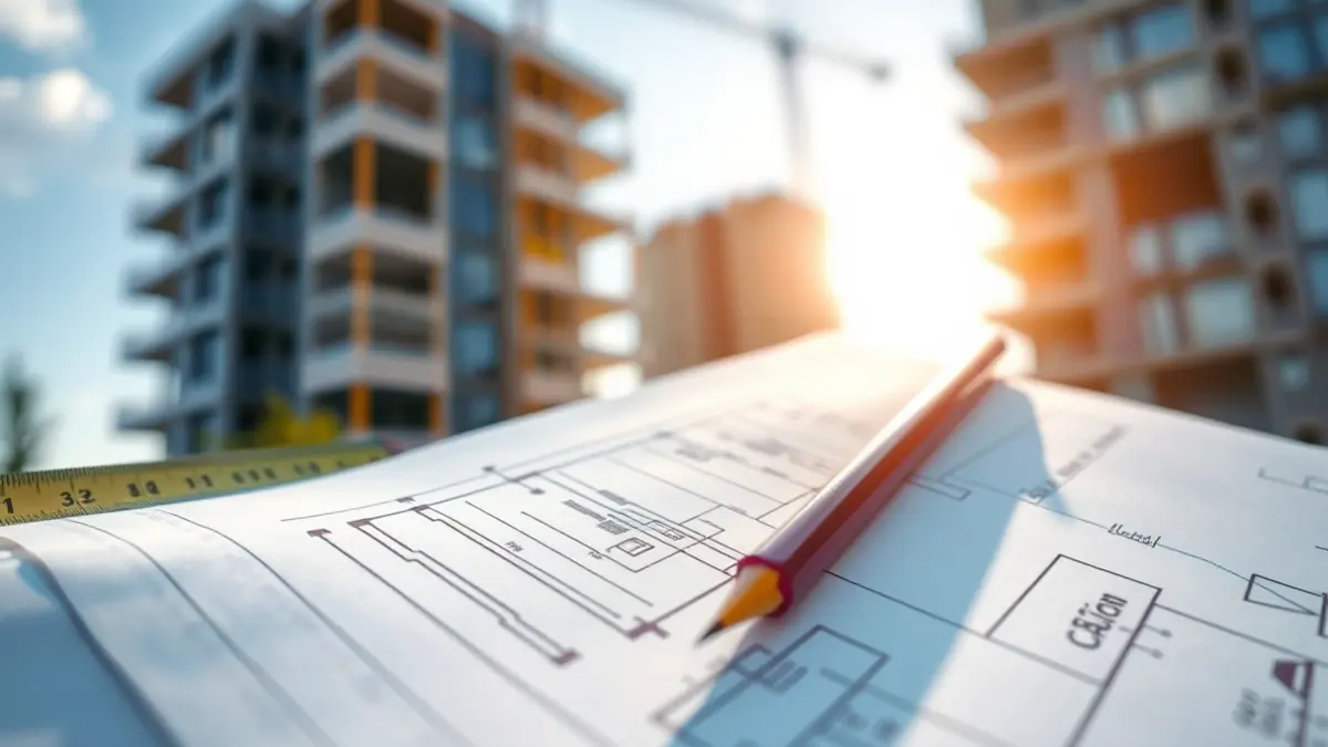Generic image of a construction blueprint with a measuring tape and a pencil, with a building under construction in the background.
