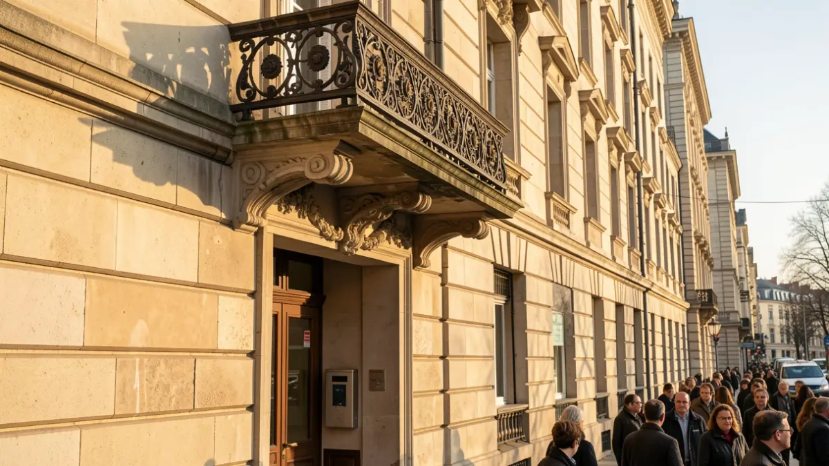 Imagen genérica de una fachada de edificio municipal con balcón.