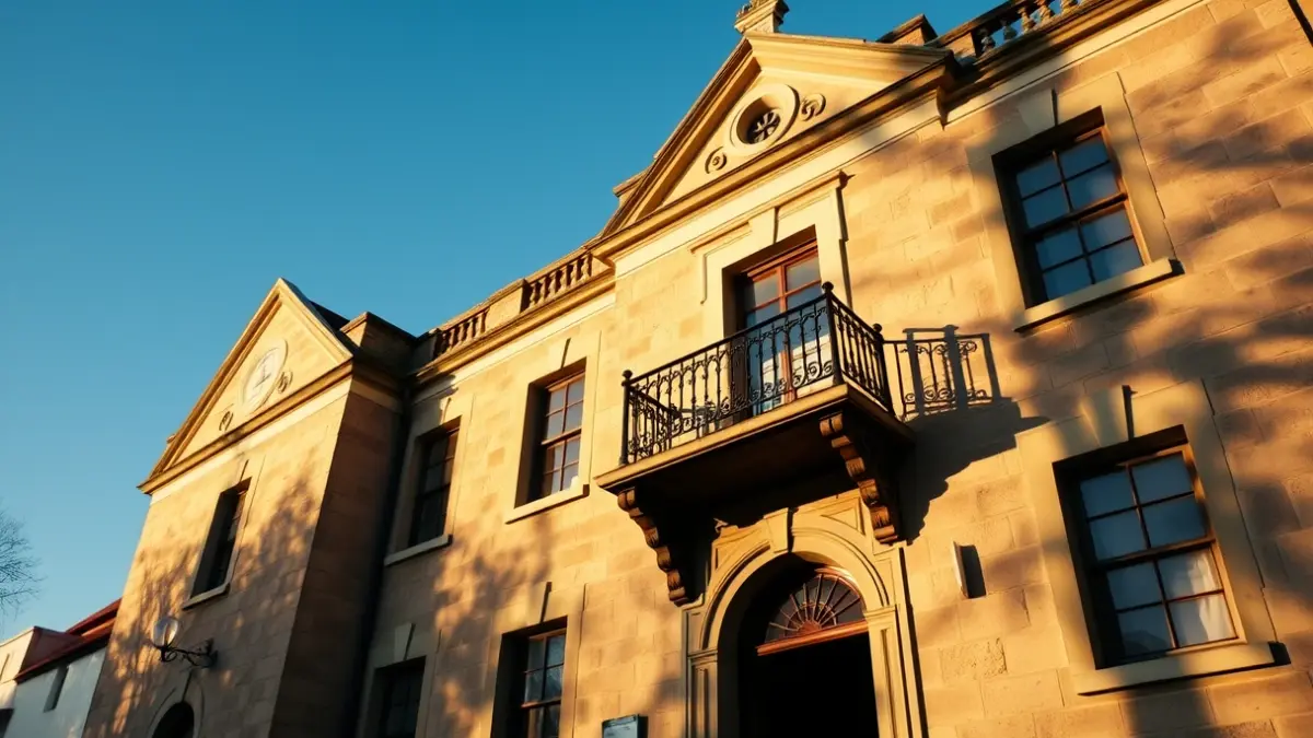 Facade of a town hall with a balcony and iron railings, bathed in the afternoon sunlight.