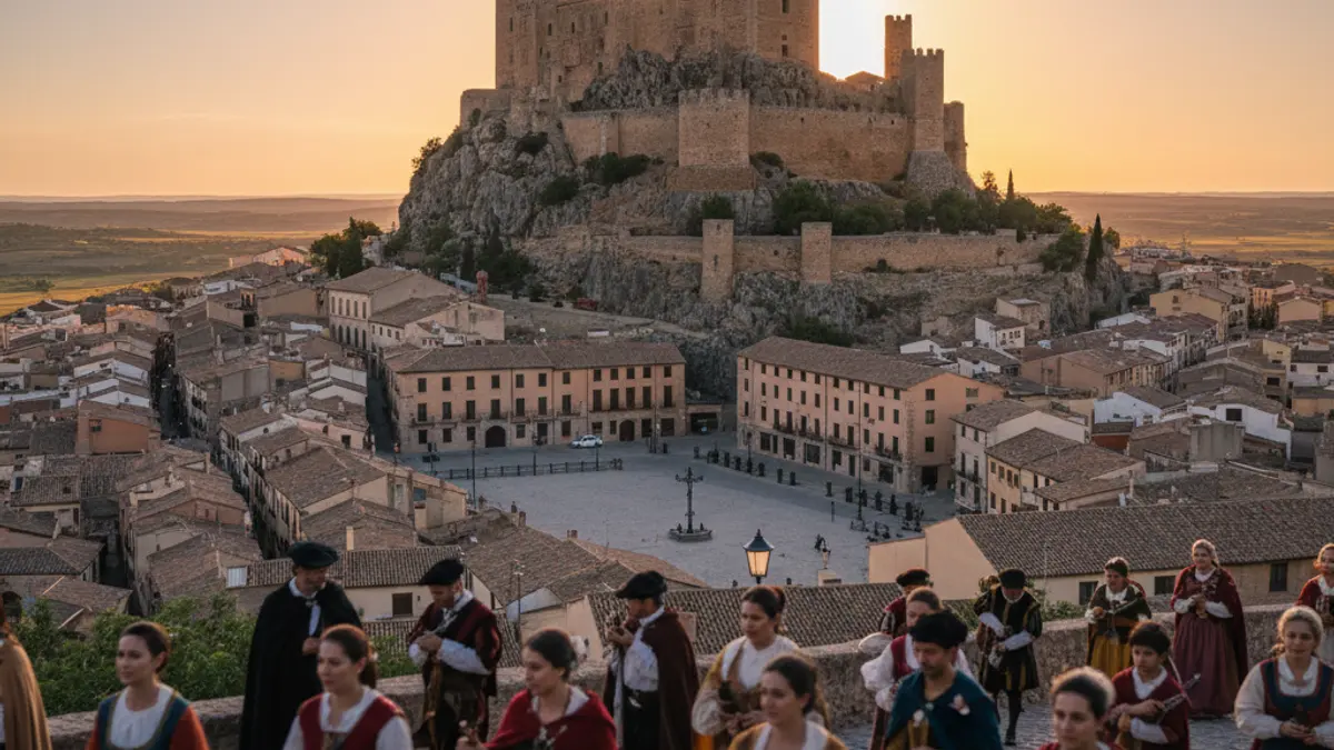Imagen de un castillo valenciano en una colina con una procesión borrosa en primer plano, luz cálida de tarde y ambiente festivo.