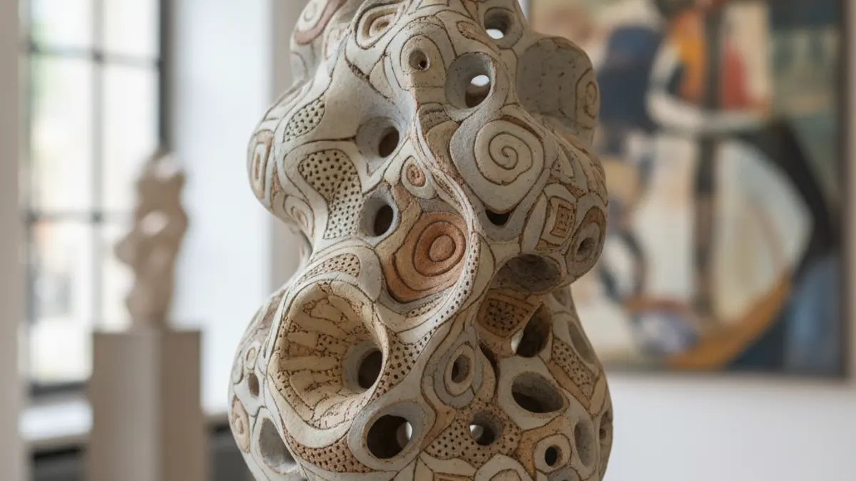 Imagen genérica de una escultura de cerámica contemporánea con detalles intrincados, expuesta en una galería con iluminación suave.